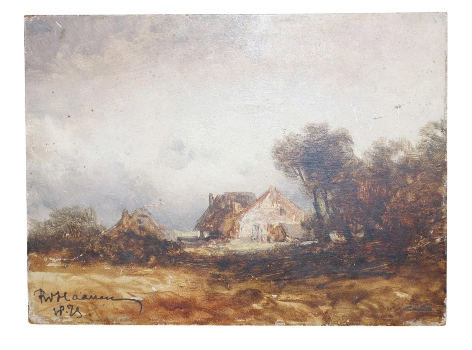Petite Austrian oil on board painting of landscape with a cottage: Petite Austrian oil on board painting of landscape with a cottage. Signed l/l. 6 1/4"h x 8 3/8"w Weight: less than 1lb