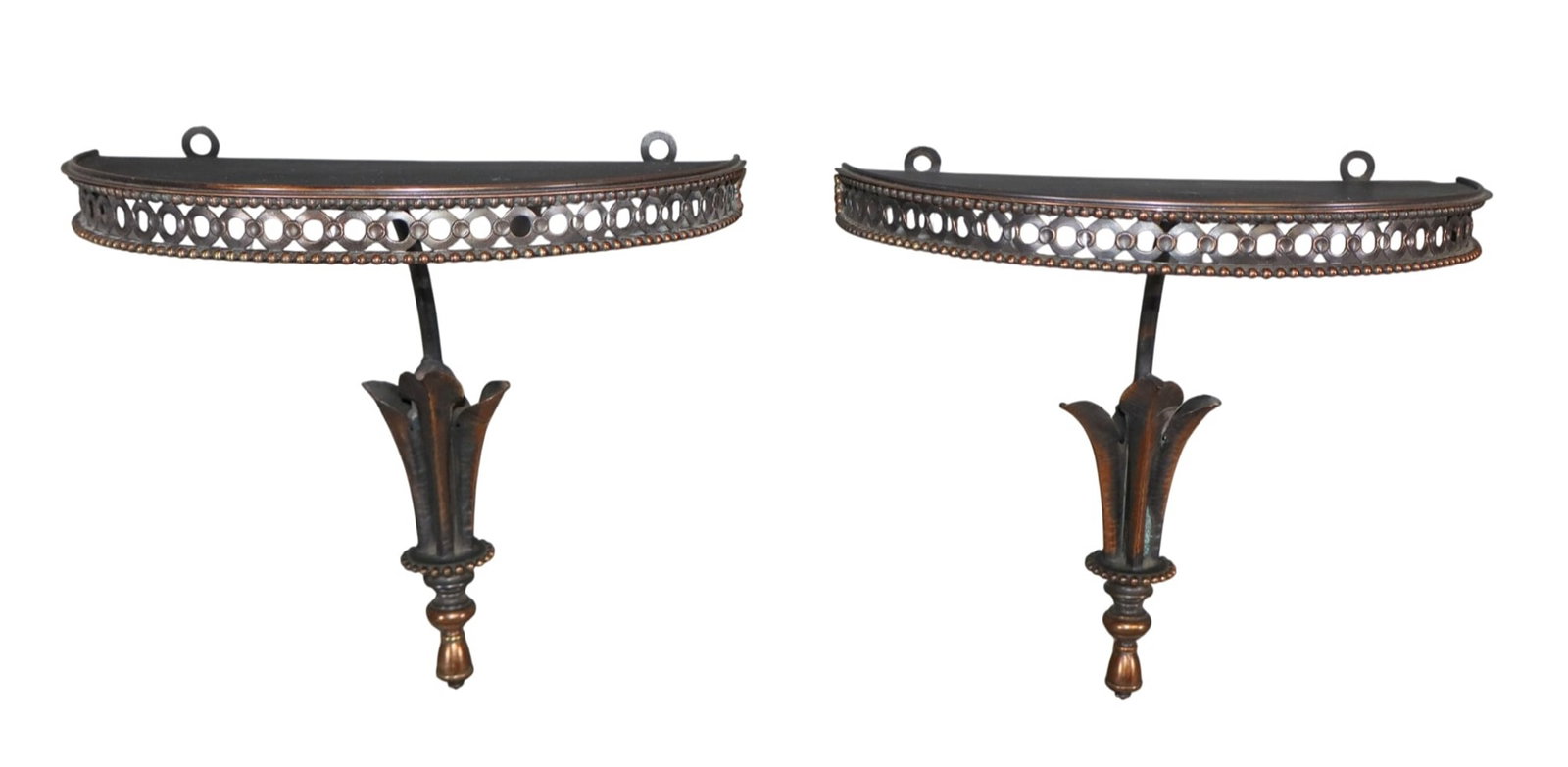 Pair of neoclassical patinated iron demi lune wall shelves: Pair of neoclassical patinated iron demi lune wall shelves. Late 20th century. 9"h x 8 5/8"w x 5"d. Weight: 2lbs total
