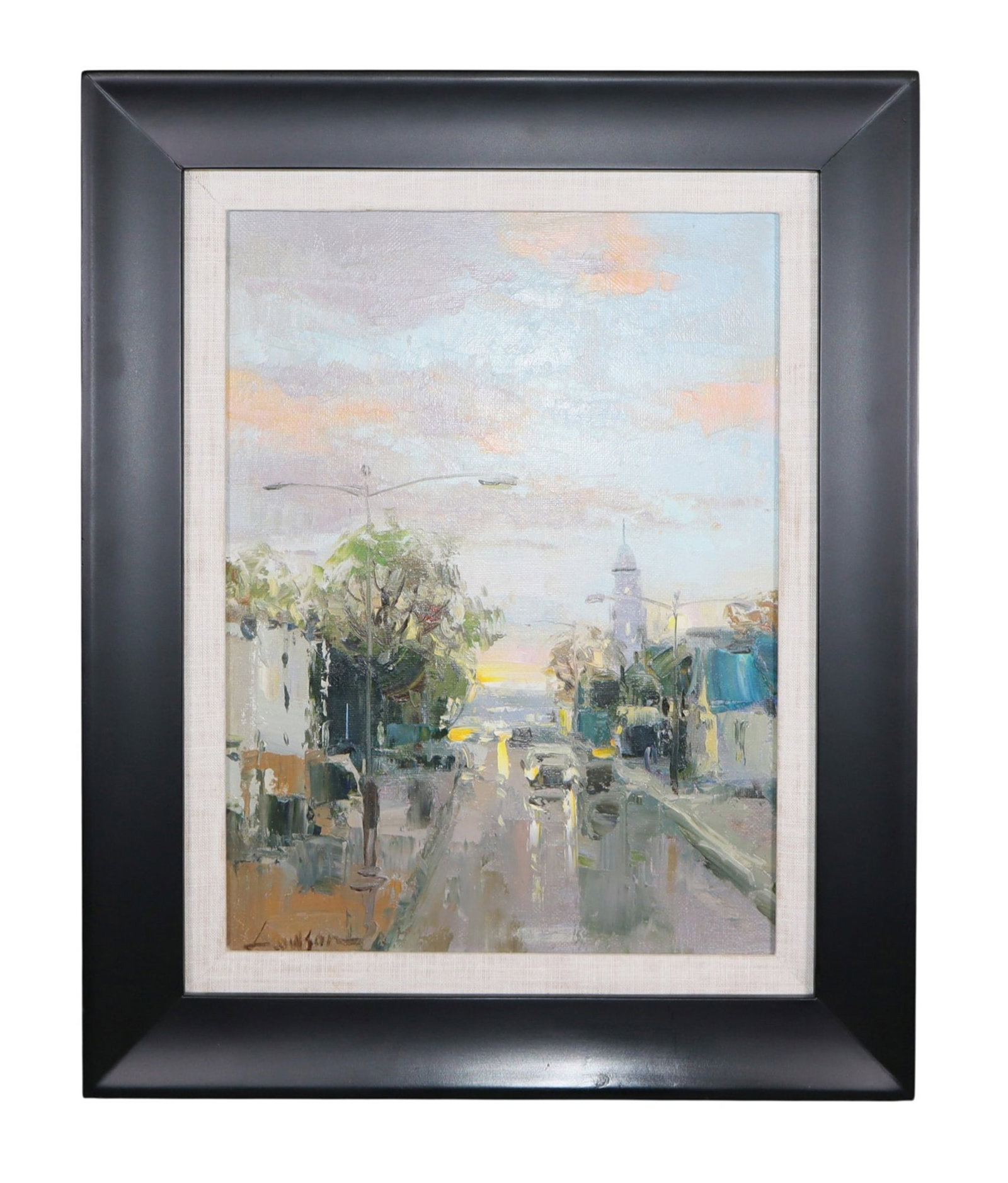 Oil on canvas painting depicting city street scene.: Oil on canvas painting depicting city street scene. Signed lower left Lawson. Overall: 19:h x 17"w Sight: 16"h x 12"w Weight: 5lbs