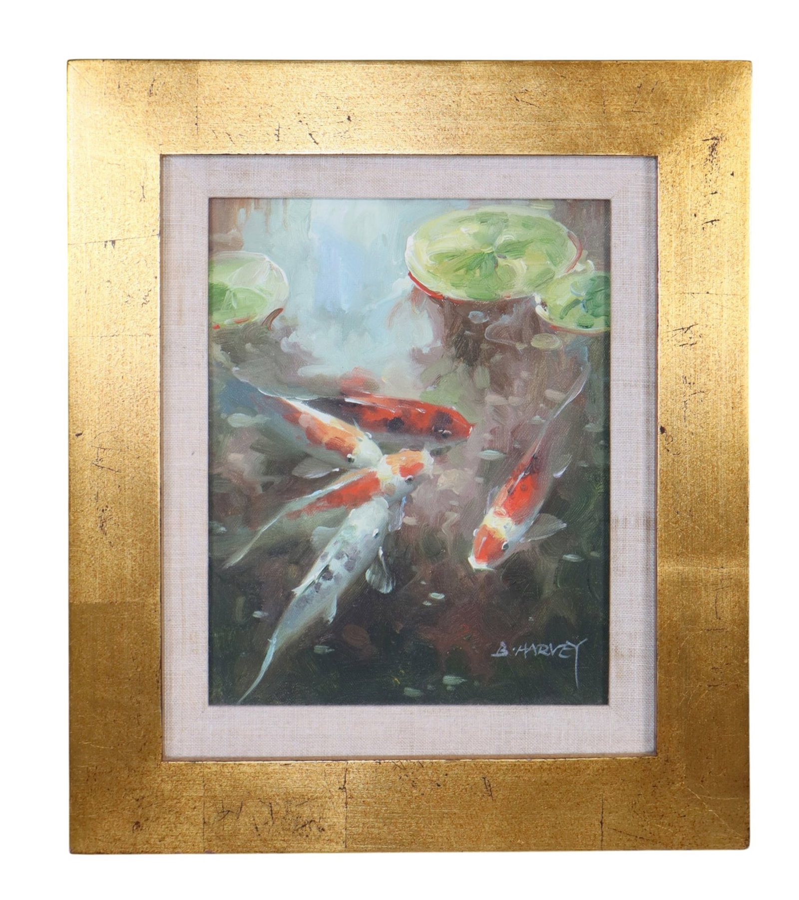 Oil on canvas painting of koi fish in gold leaf frame: Oil on canvas painting of koi fish in gold leaf frame. Signed B. Harvey (1970 -) Overall: 15"h x 13"w Sight: 10"h x 8"w Weight: 3lbs