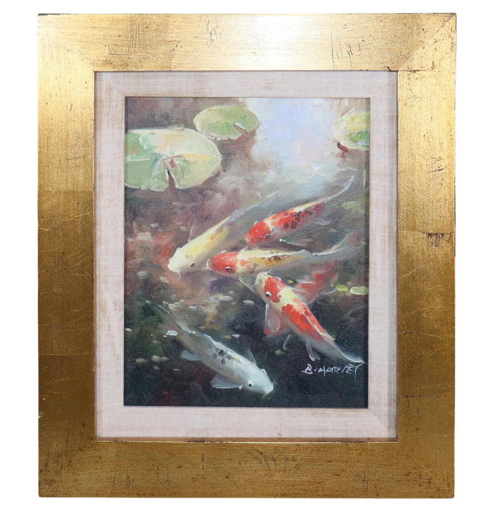 Oil on canvas painting of koi fish in gold leaf frame (1 of 6)