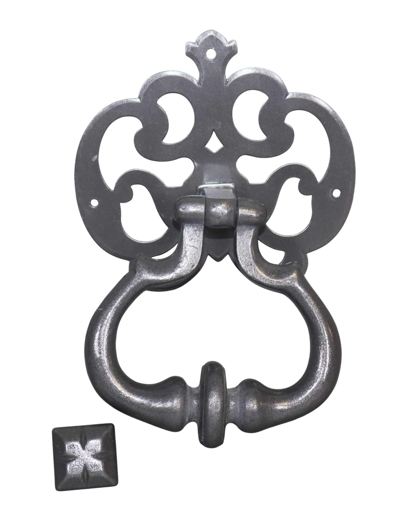 L. B. Brass door knocker in pewter finish with scrollwork backplate: L. B. Brass door knocker in pewter finish with scrollwork backplate. 7"h x 5"w x 1 1/2"d Weight: 1lb