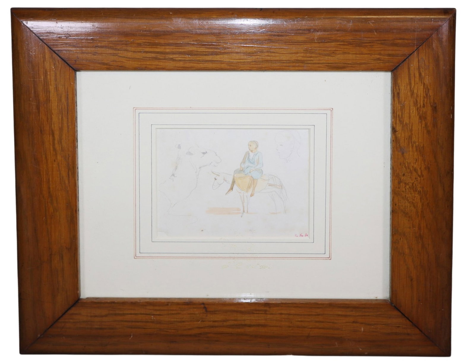 European School pencil and watercolor study on paper of girl and camel (1 of 7)