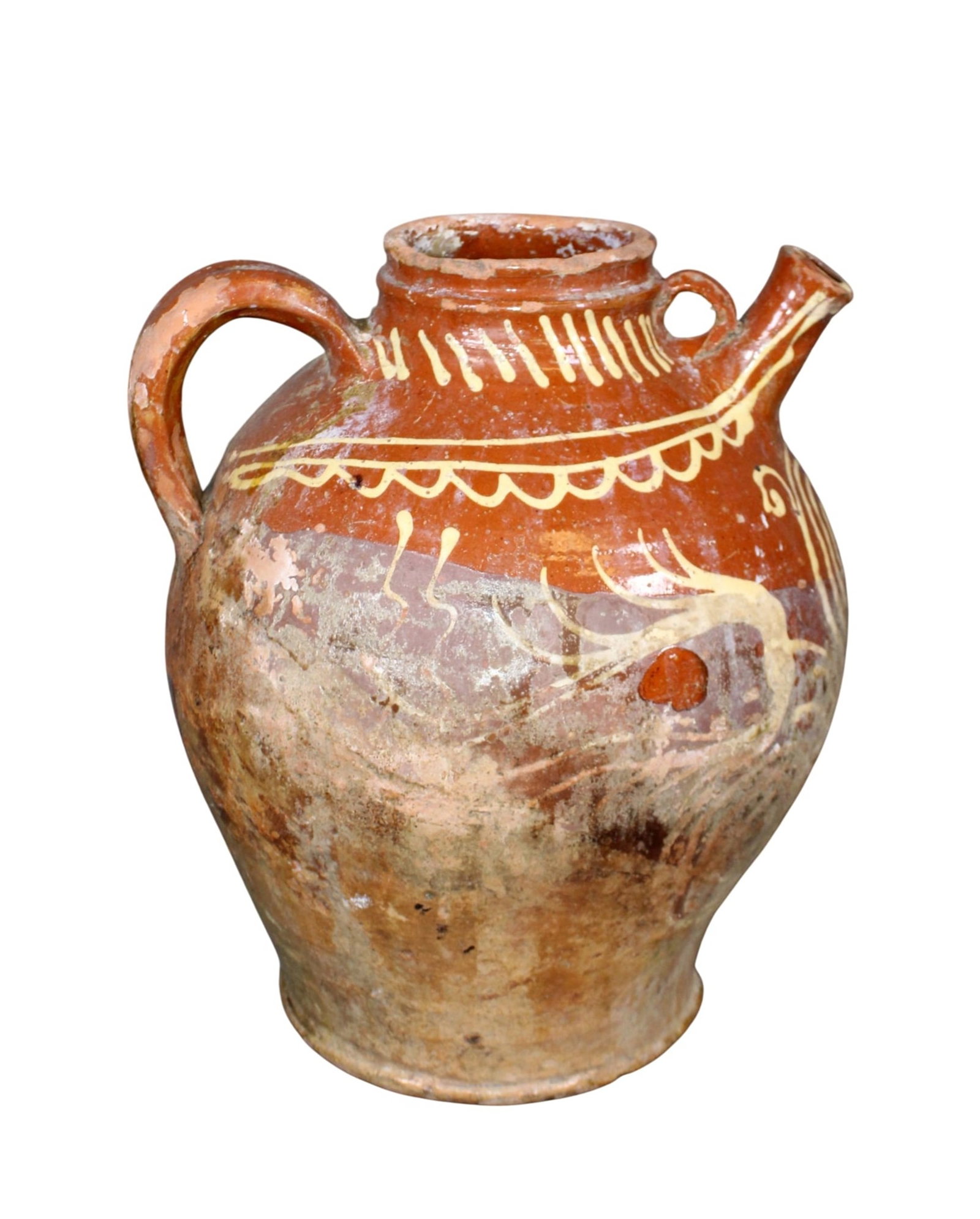 French terra cotta glazed cruche: French terra cotta glazed cruche. Late 19th century. 14 1/4"h x 11"w x 10 1/2"d. Weight: 12lbs