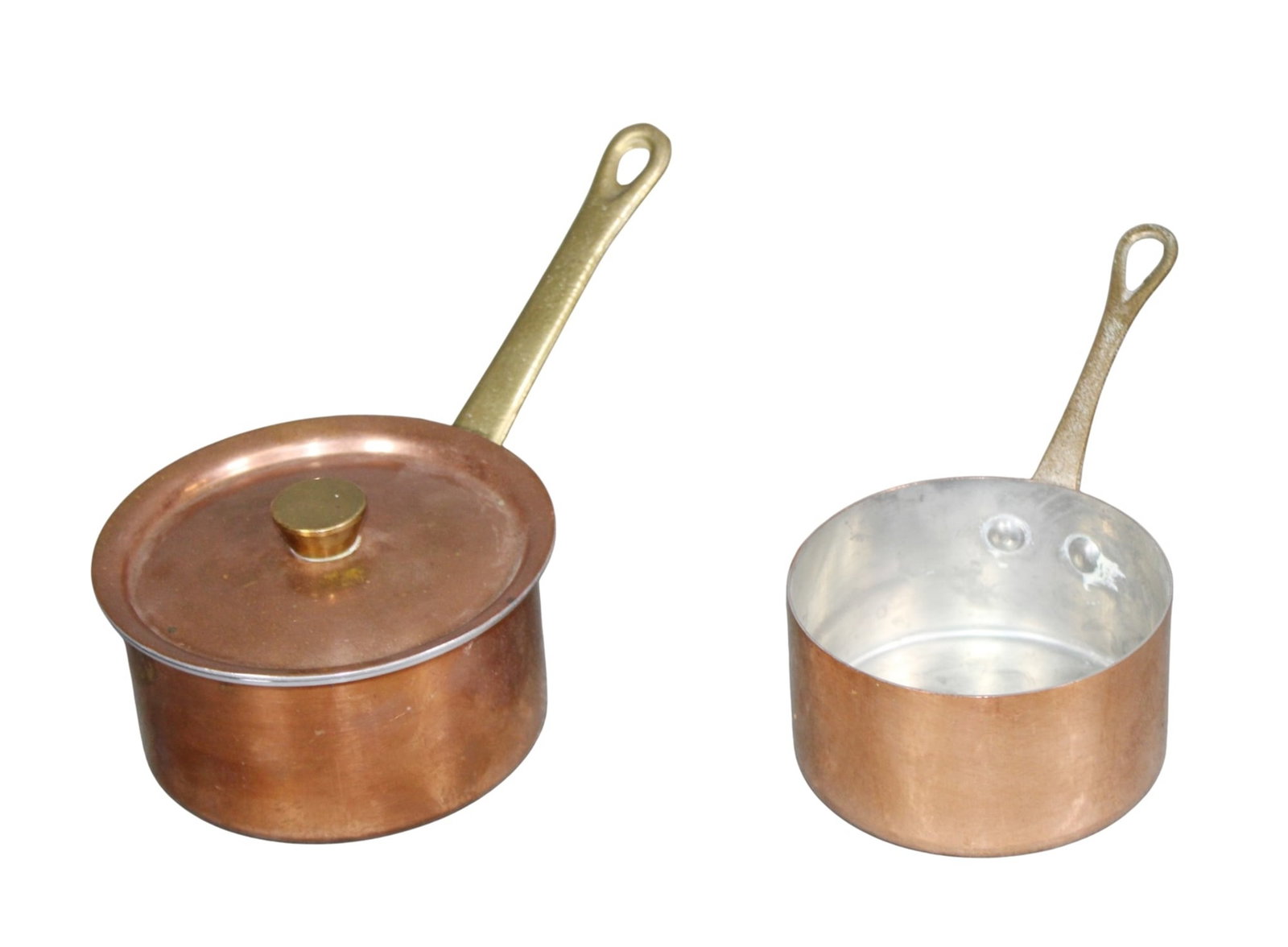 Set of 2 miniature French copper sauce pans with brass handles (1 of 15)