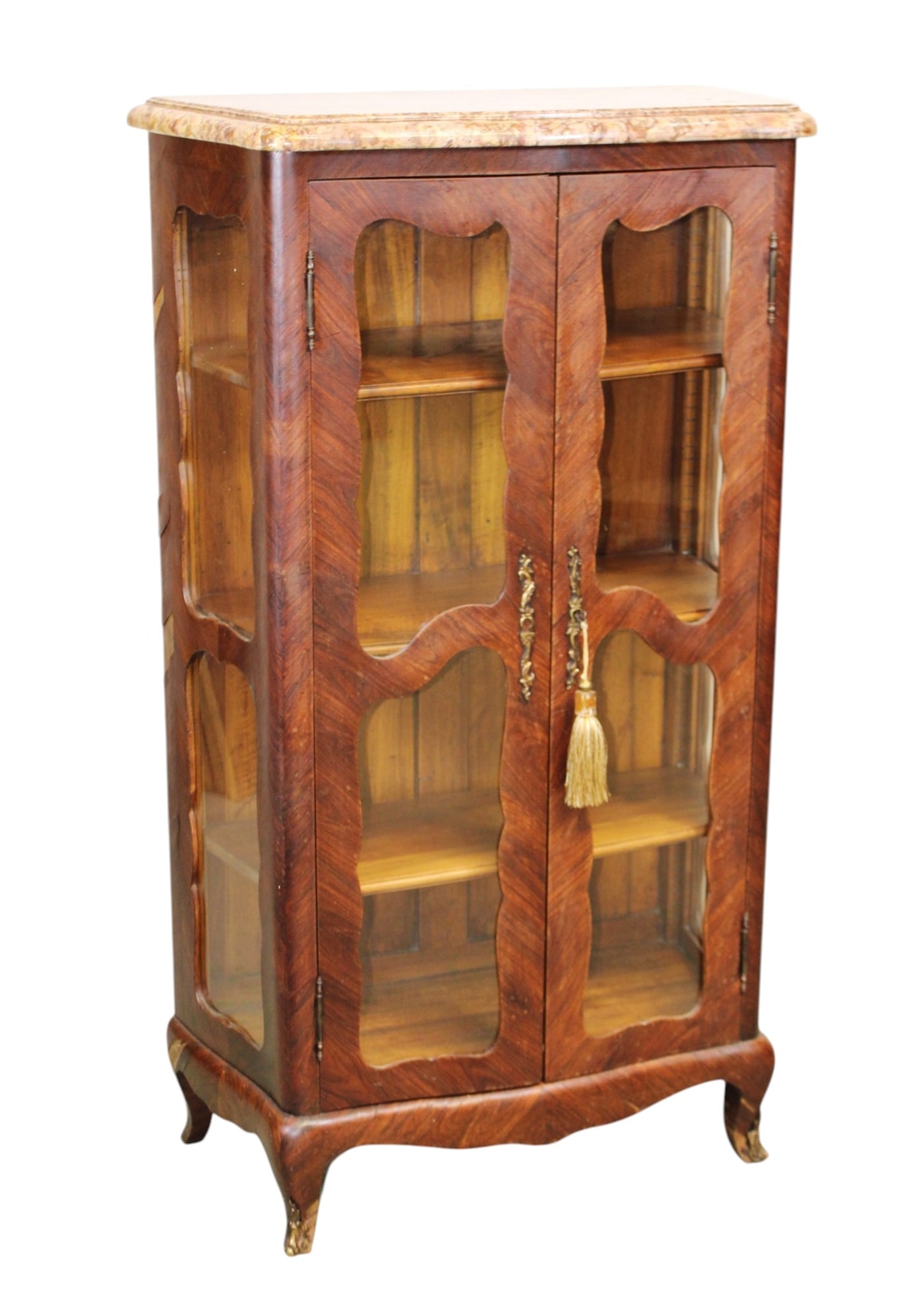 French Louis XV style marble top vitrine: French Louis XV style marble top vitrine. Mid 20th century. 46 1/8"h x 26 1/2"w x 13"d