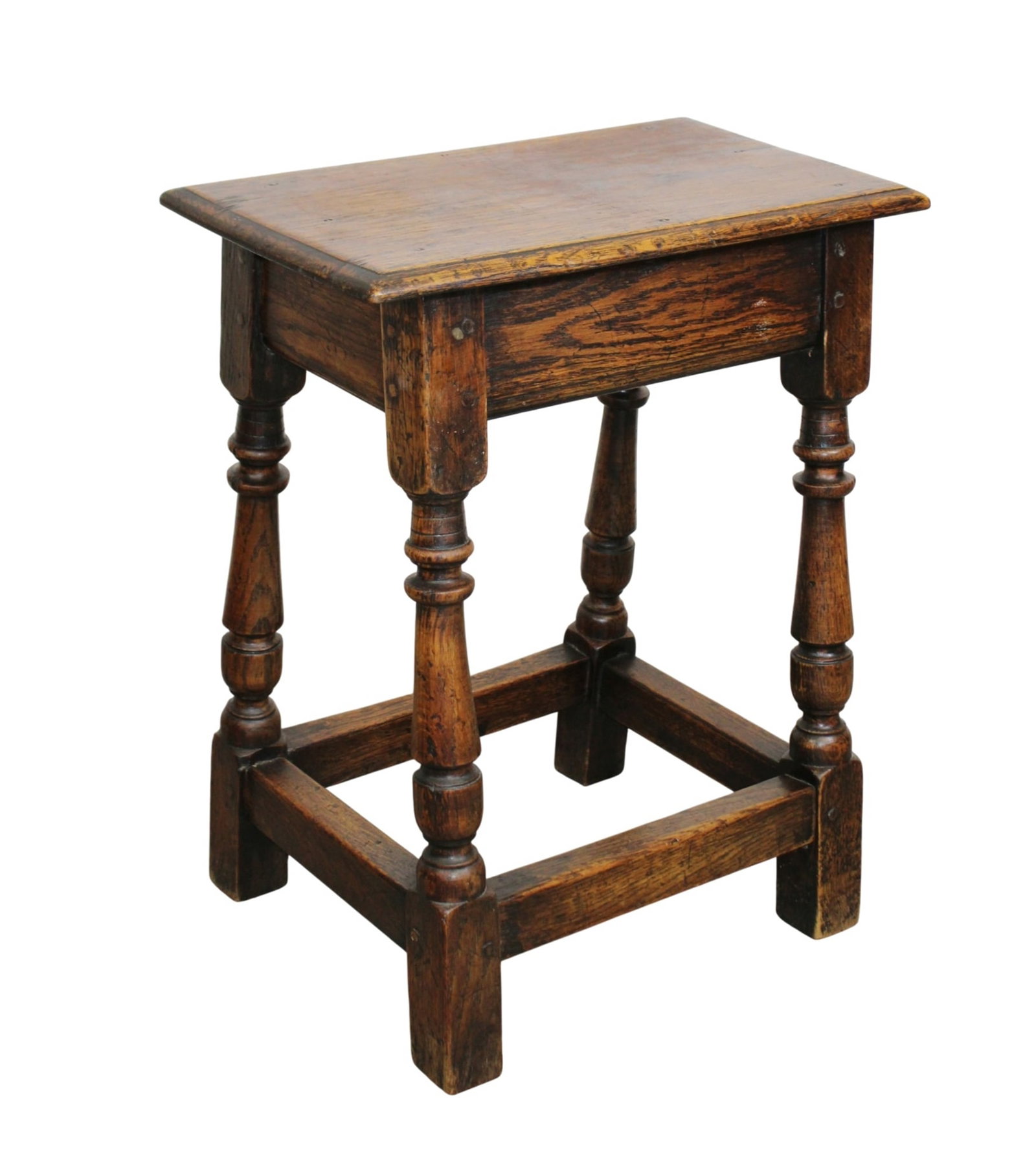 French stool in oak on turned legs: French stool in oak on turned legs. Early 20th century. 21 1/2"h x 18"w x 10 1/8"d