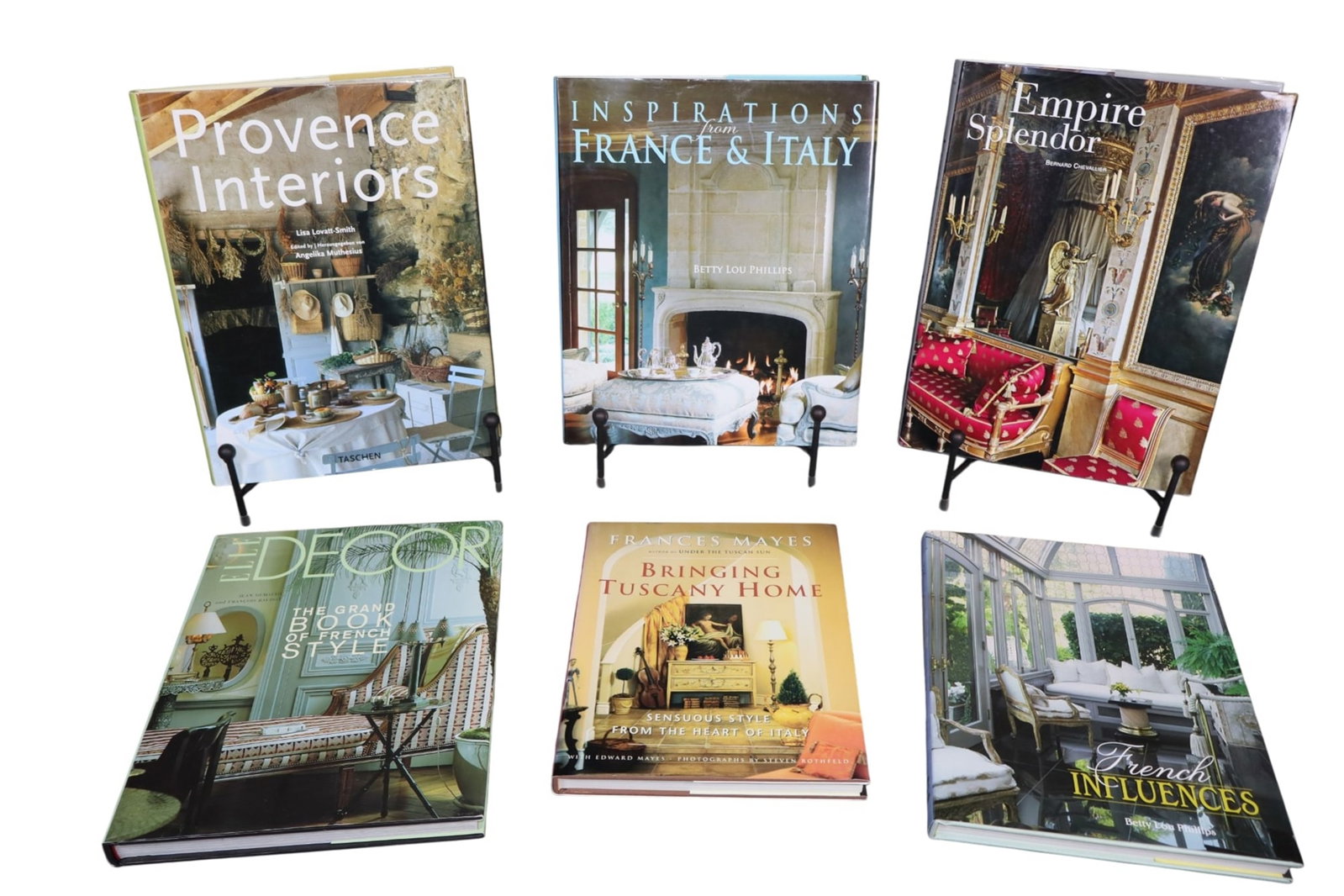 Set of 6 design books on Italian and French styles: Set of 6 design books on Italian and French styles. "French Influences", "Inspiration from France & Italy", "Empire Splendor", "Elle Decor", Provence Interiors", "Bringing Tuscany Home" 12 7/8"h x 9 3