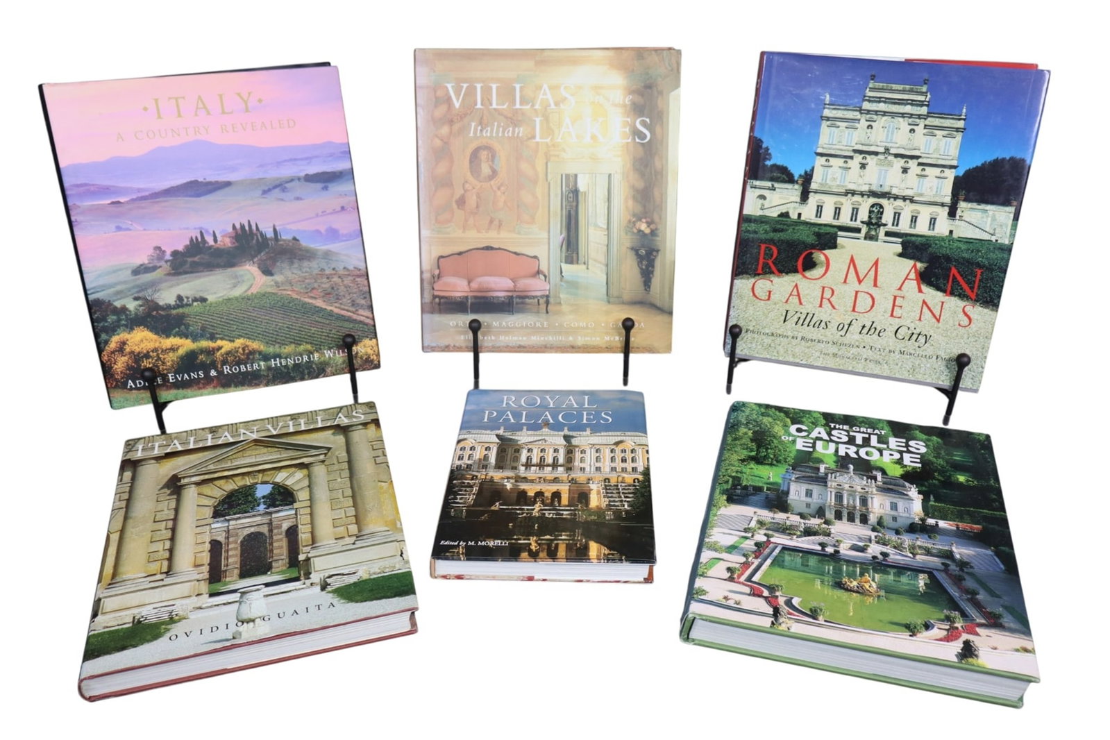Set of 6 design books on Europe: Set of 6 design books on Europe. "Italy: A Country Revealed", "Villas on the Italian Lakes", "Roman Gardens", "Italian Villas", "Royale Palaces", "The Great Castles of Europe". 12 3/8"h x 10 1/2"w - 1