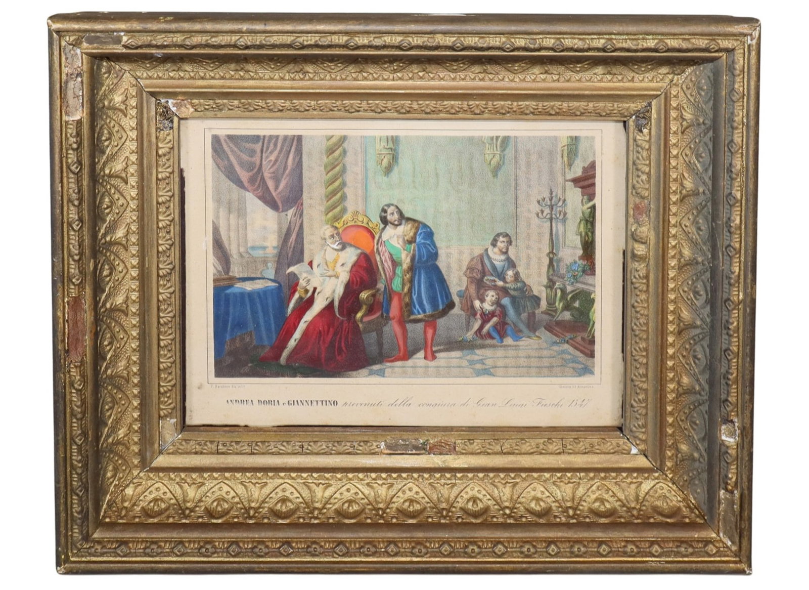 Italian lithograph titled "Andrea Doria e Giannettino intercettati dalla congiura de Gian-Luigi: Italian lithograph titled "Andrea Doria e Giannettino intercettati dalla congiura de Gian-Luigi Feschi 1547". 19th century. Overall: 10 3/8"h x 12 1/4"w. Sight: 6 1/8"h x 8 1/4"w. Weight: 2lbs