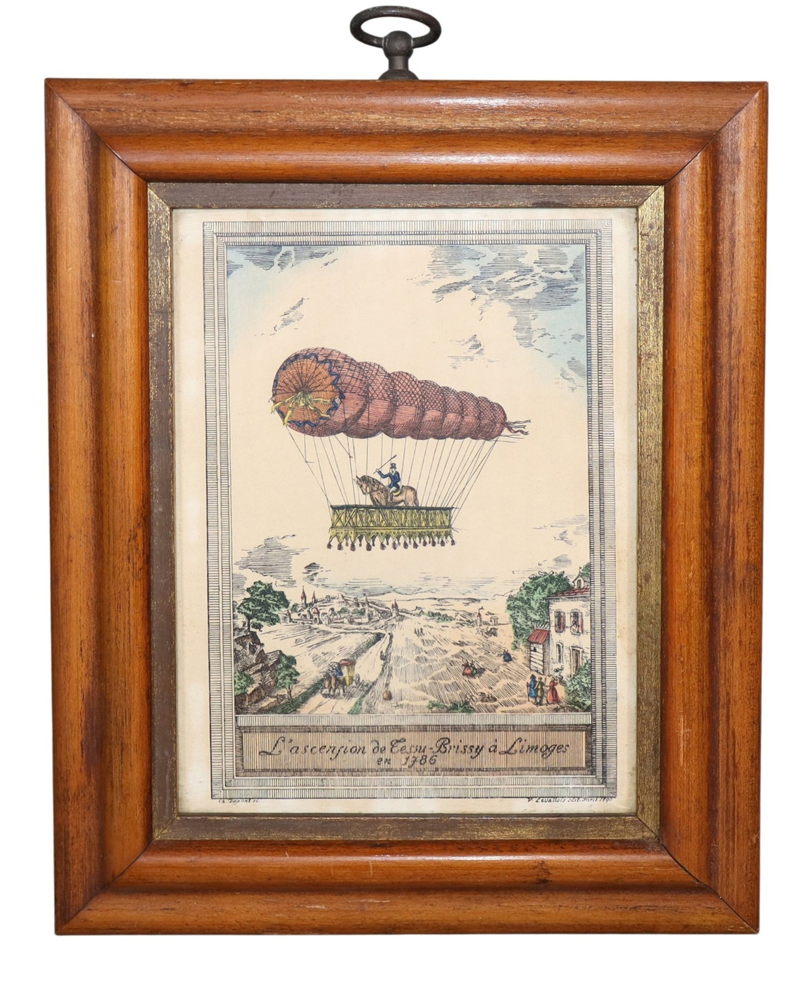 French ballooning hand colored etching Levallois "L'acension de Cessu-Brissy a Limoges": French ballooning hand colored etching Levallois "L'acension de Cessu-Brissy a Limoges" 12 3/8"h x 9"w sight 7 5/8"h x 5 3/4"w. weight: 1lb