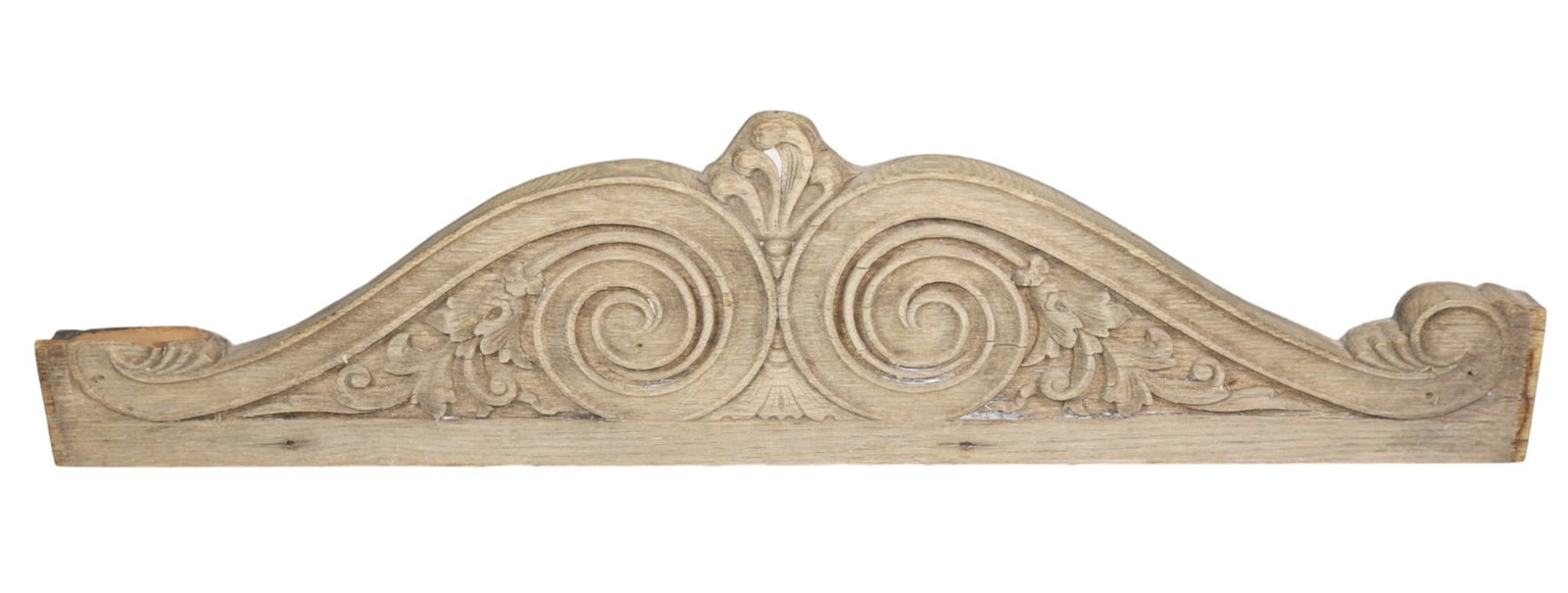 Relief carved bleached oak crest: Relief carved bleached oak crest. 9 3/4"h x 42 1/8"w x 1 5/8"d. Weight: 11lbs