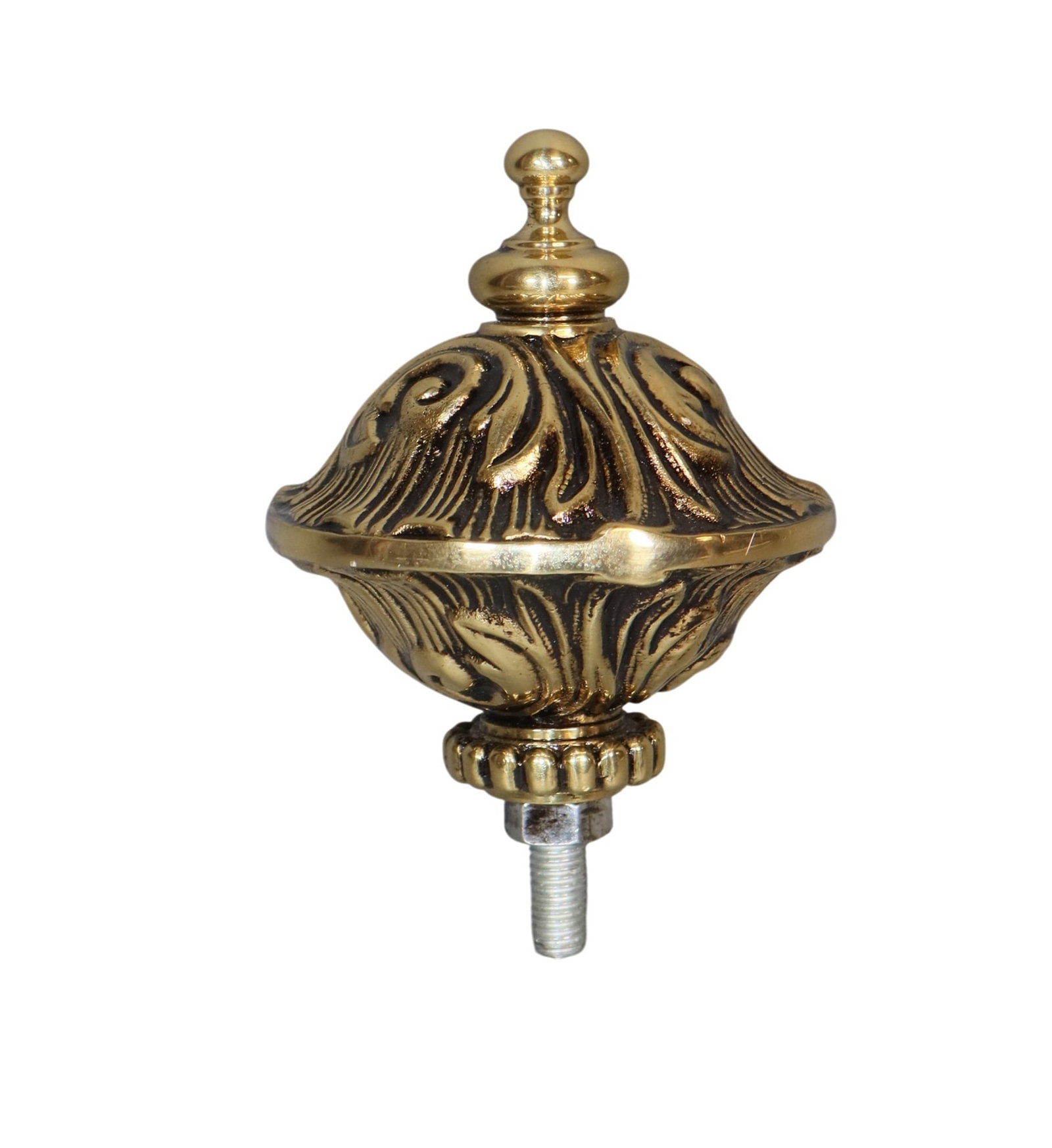 French bronze finial with acanthus leaf relief: French bronze finial with acanthus leaf relief. 4 1/2"h x 3 5/8"dia. Weight: 1lbs