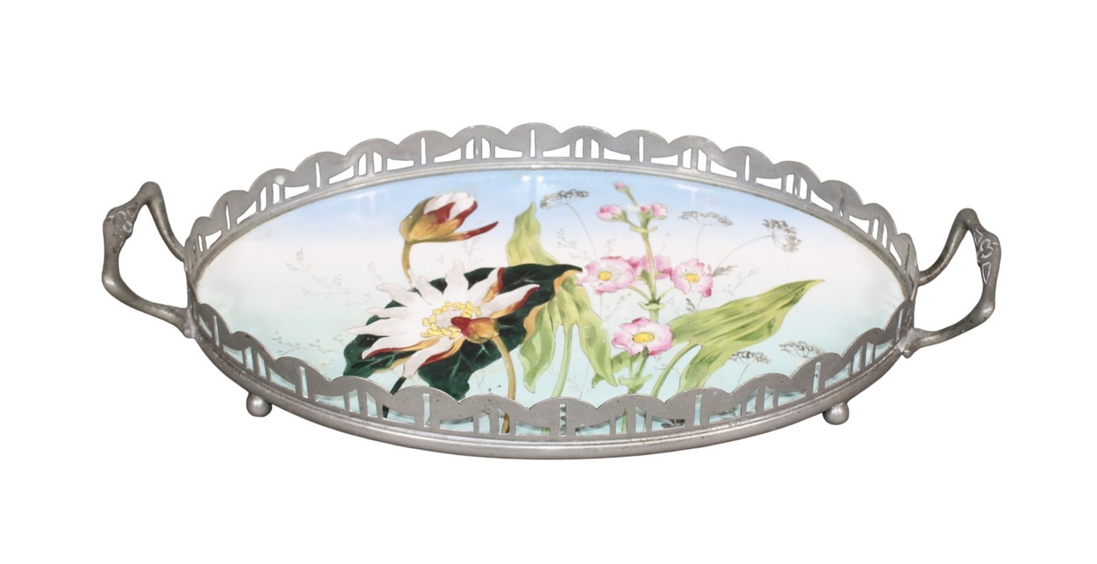 Art Nouveau painted porcelain tray with pierced metal gallery: Art Nouveau painted porcelain tray with pierced metal gallery. 2"h x 14 3/4"w x 8 3/8"d. Weight: 2lbs