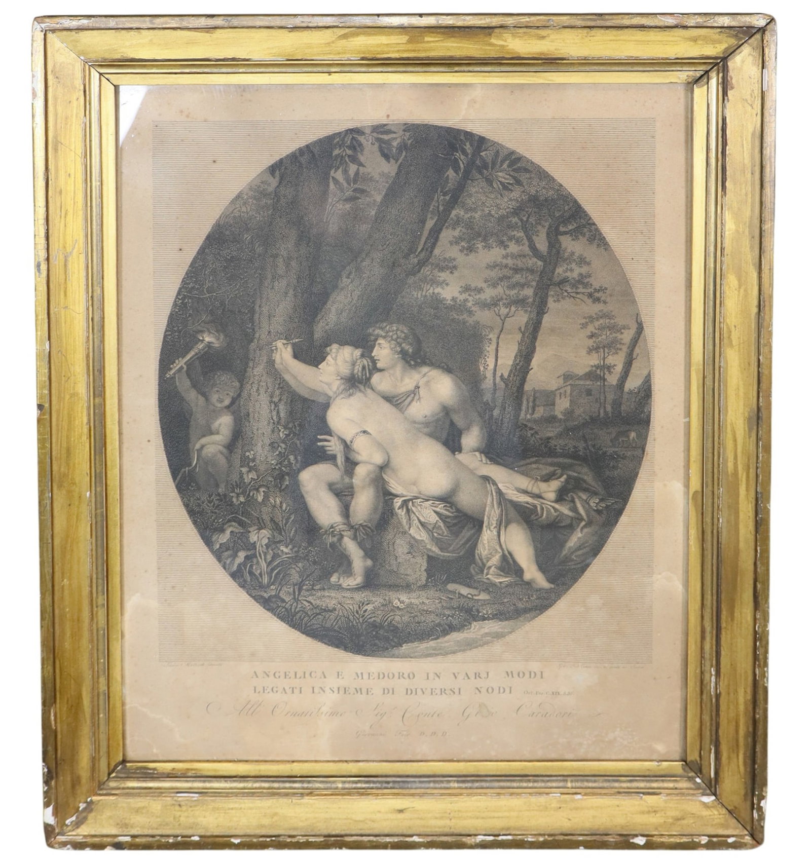 Italian engraving "Angelica e Medoro in varj modi legait insiee di diversi nodi": Italian engraving "Angelica e Medoro in varj modi legait insiee di diversi nodi". Giovanni Folo (1764-1836). In gold leaf frame. Overall: 23 1/2"h x 19 3/4"w . Sight: 19 1/52"h x 15 1/2"w. Weight: 6lb
