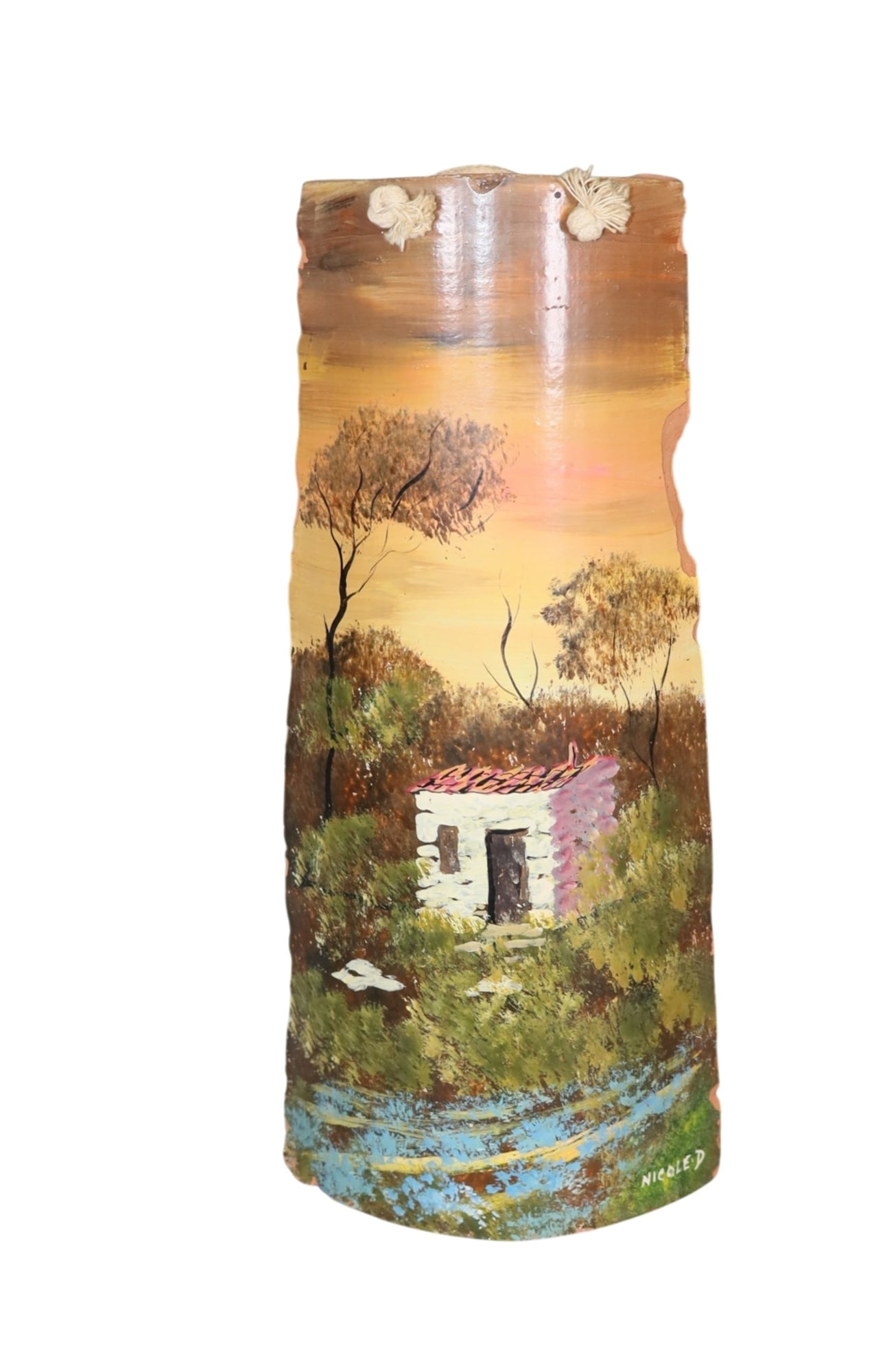 French painted terra cotta roof tile depicting landscape with cottage: French painted terra cotta roof tile depicting landscape with cottage - signed Nicole D.12"h x 5 1/2"w x 2"d. Weight: 2lbs