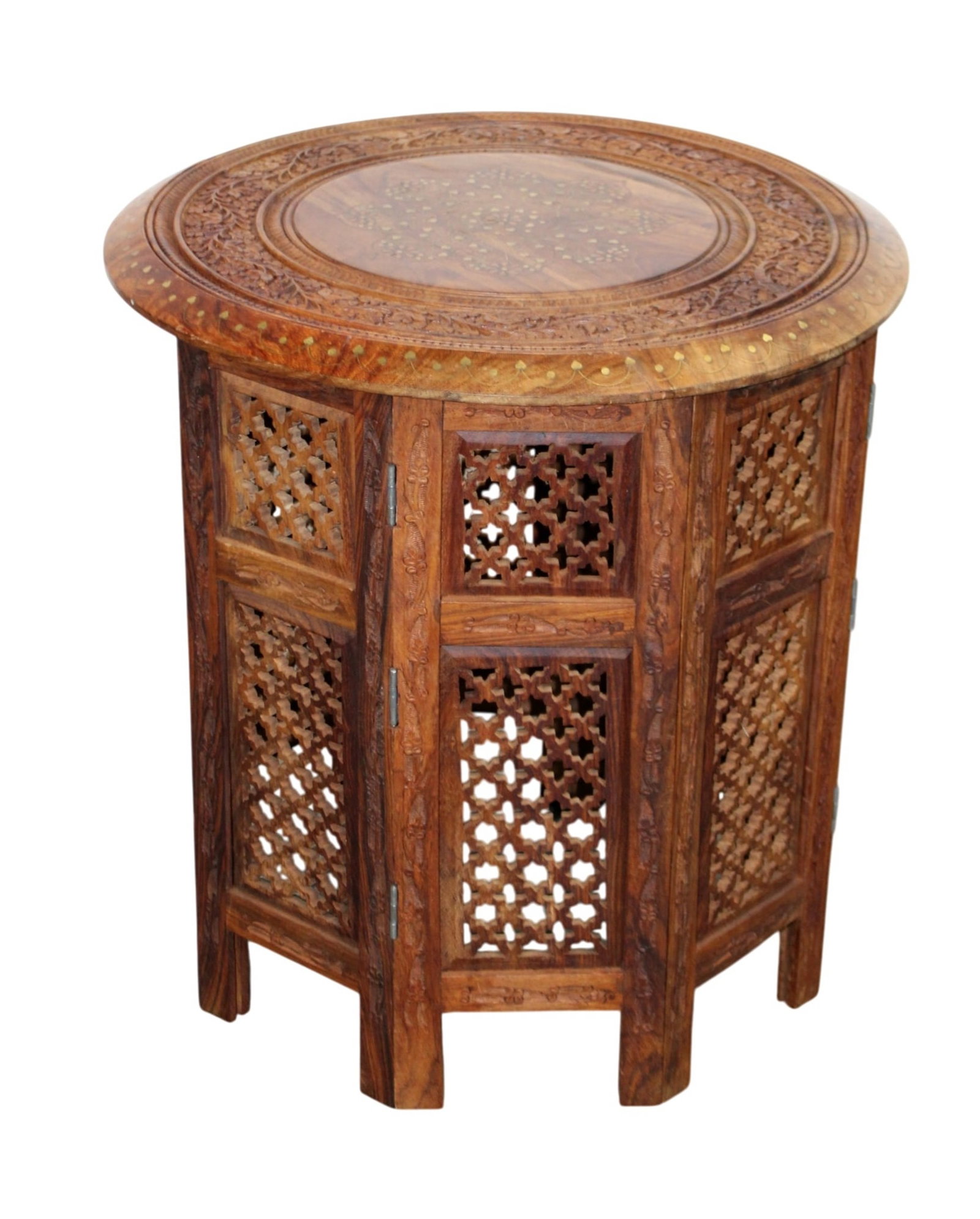 Anglo-Indian side table with brass inlaid top and floral motifs on pierce carved and folding base (1 of 8)
