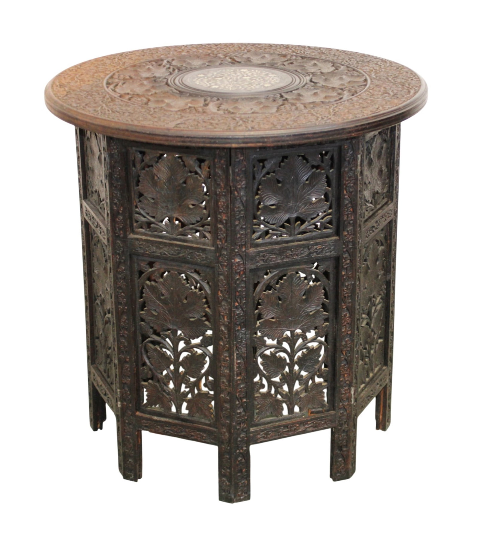 Anglo-Indian pierce carved side table with folding base and leaf motifs (1 of 11)