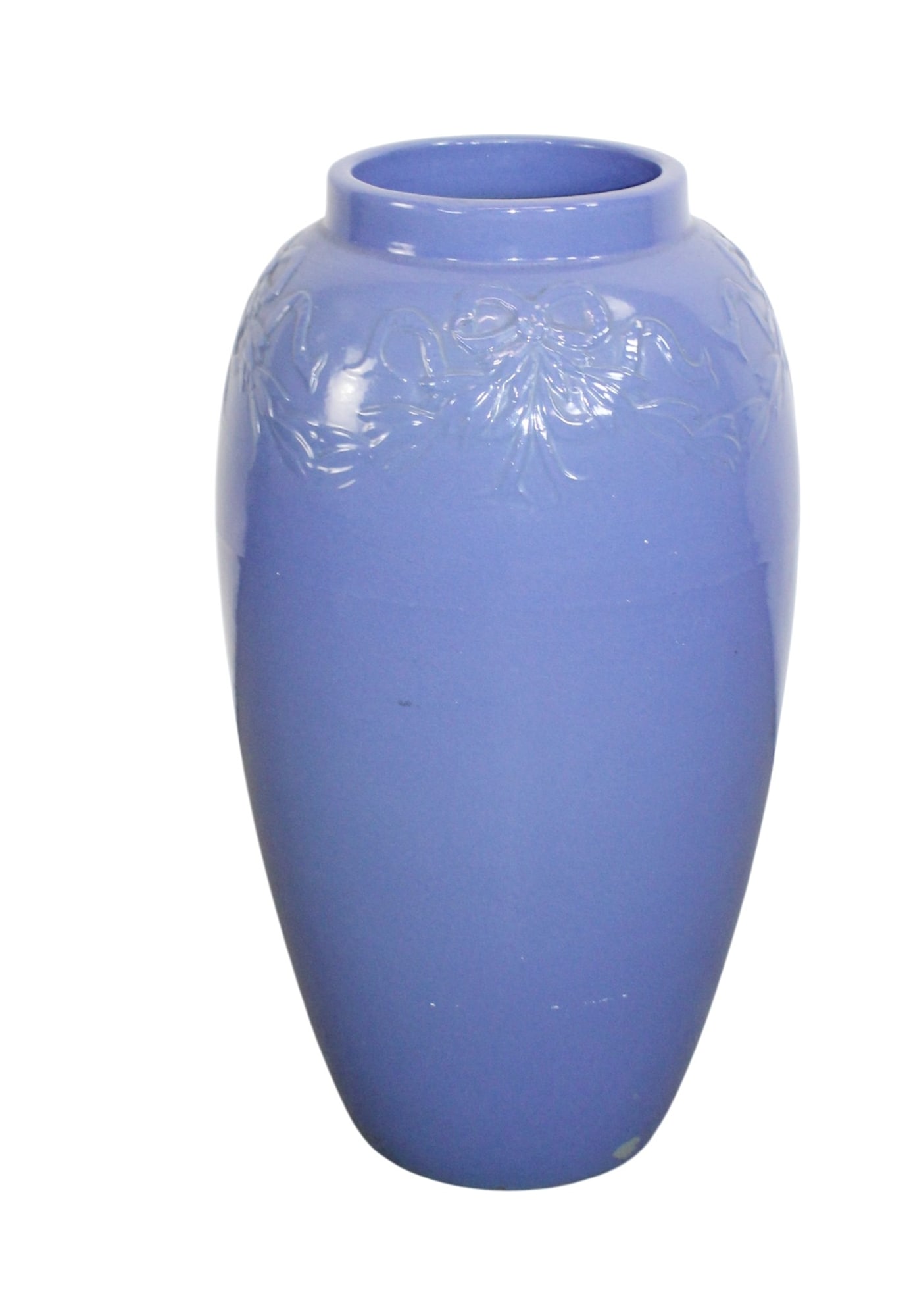 Glazed ceramic vase in blue with raised ribbon and garland (1 of 6)