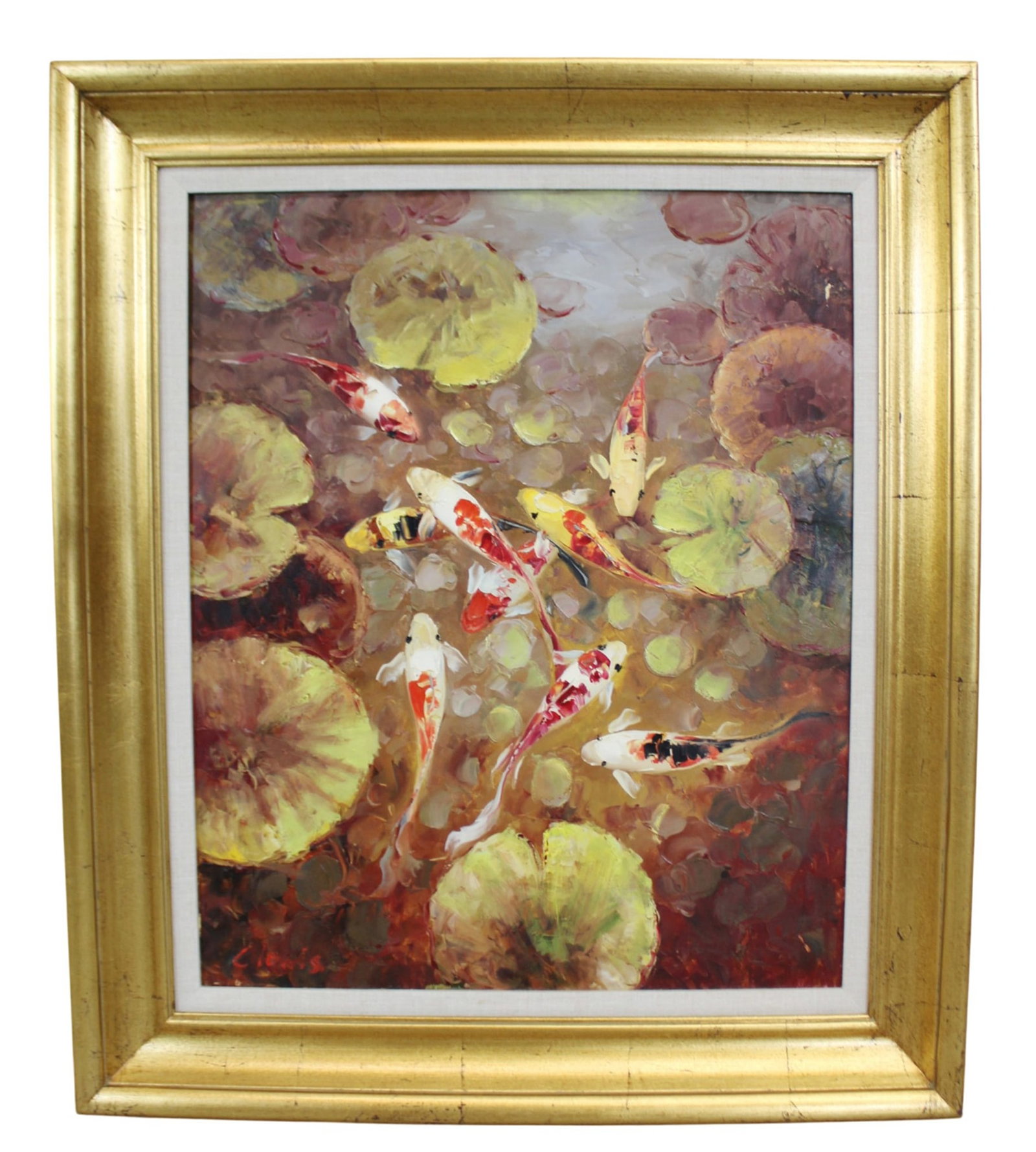Lewis oil on canvas painting Koi pond: Lewis oil on canvas painting Koi pond signed C. Lewis. Modern Sight size 23 3/4"h x 19 1/2"w Overall framed size 33"h x 27"w