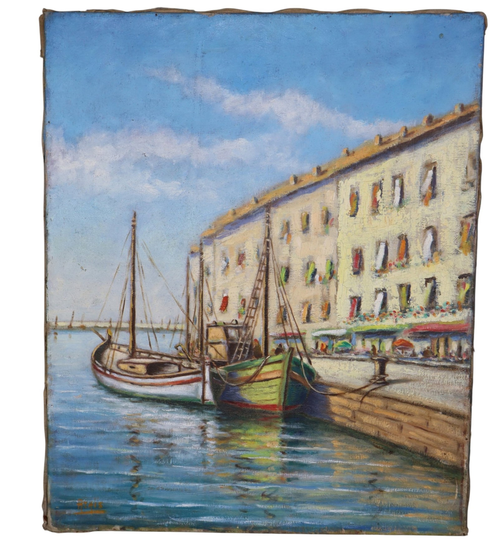 Italian oil on canvas painting of canal scene unframed: Italian oil on canvas painting of canal scene unframed. Signed Azh?s 24"h x 19 3/4"w. Weight: 3lbs