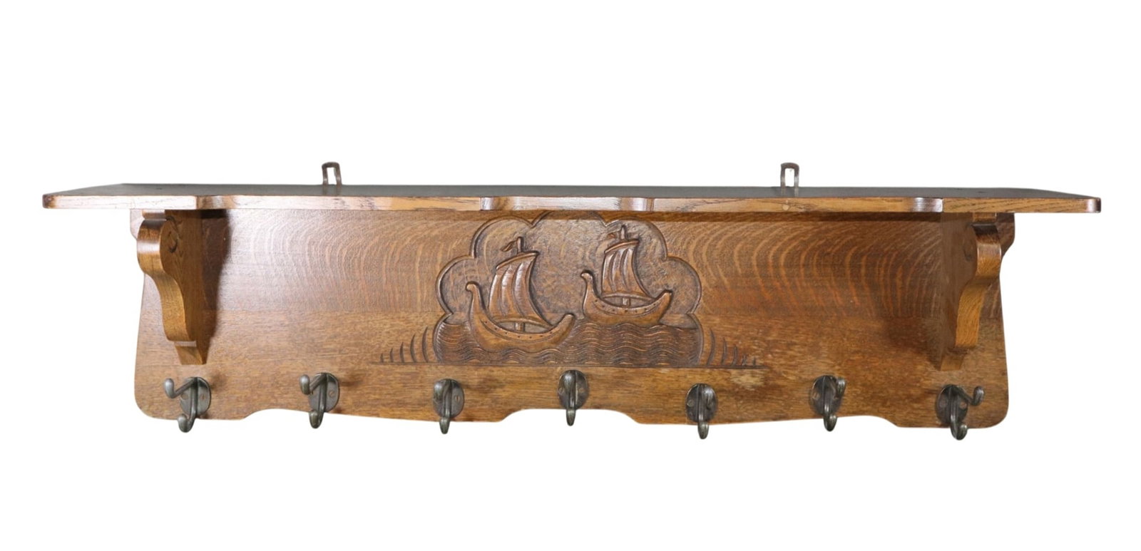 Flemish wall mount coat rack in oak with sailboats carved in relief (1 of 9)