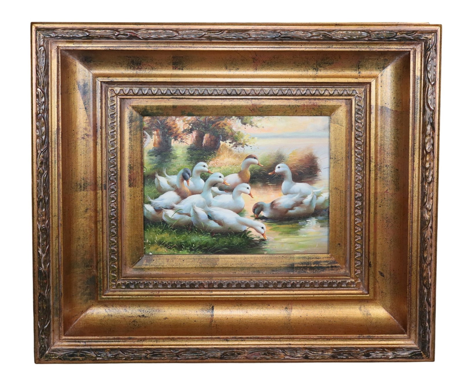Oil on canvas painting of ducks: Oil on canvas painting of ducks. Assigned unsigned. Modern. 17 5/8"h x 19 1/2"w x 3 1/2"d, sight: 7 1/2"h x 9 1/2"w. Weight: 8lbs