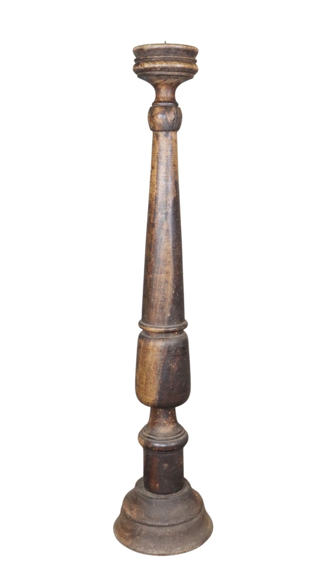 Turned pillar candle holder in oak: Turned pillar candle holder in oak. Early 20th century. 26 5/8"h x 5 5/8"diam at base. Weight: 4lbs