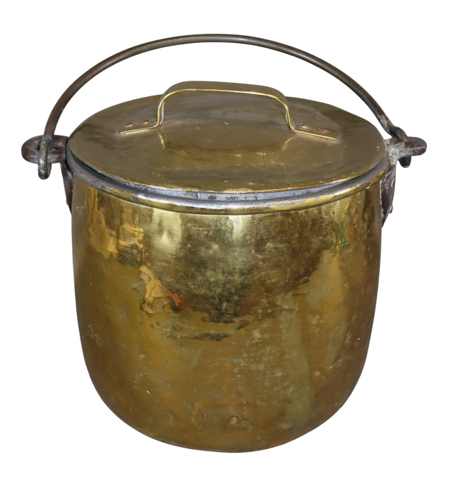 Antique polished brass lidded pot with iron handle (1 of 9)