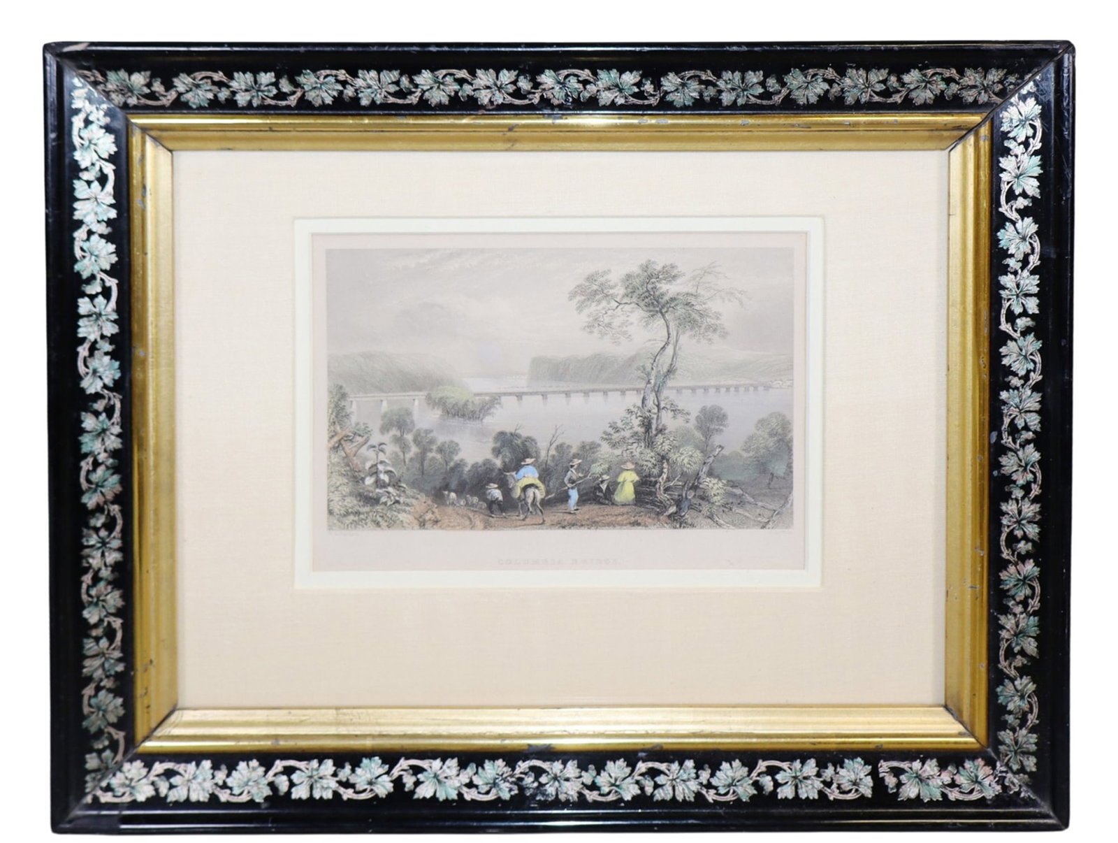 Barlett & Griffin, American hand colored engraving of the Columbia Bridge: American colored engraving of the Columbia Bridge. Signed W.H Bartlett and H Griffin. 19th century. Overall: 13"h x 15 3/4"w Sight: 5 3/4"h x 7 7/8"w. Weight: 3lbs