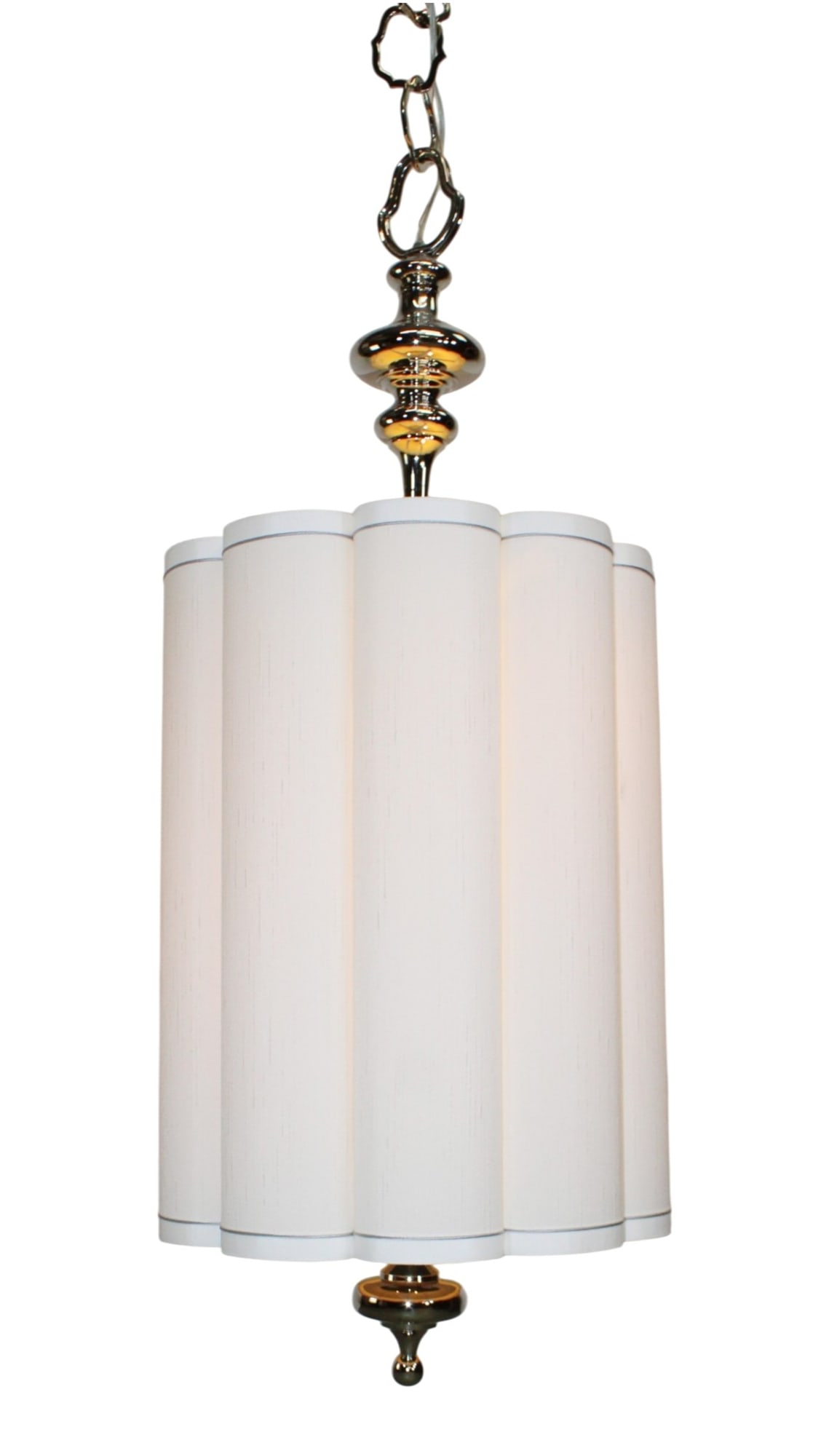 Global Views fluted pendant light with nickel finish: Global Views fluted pendant light with nickel finish . 49"h x 18.5"dia, Shade: 25"h. 51" of decorative chain