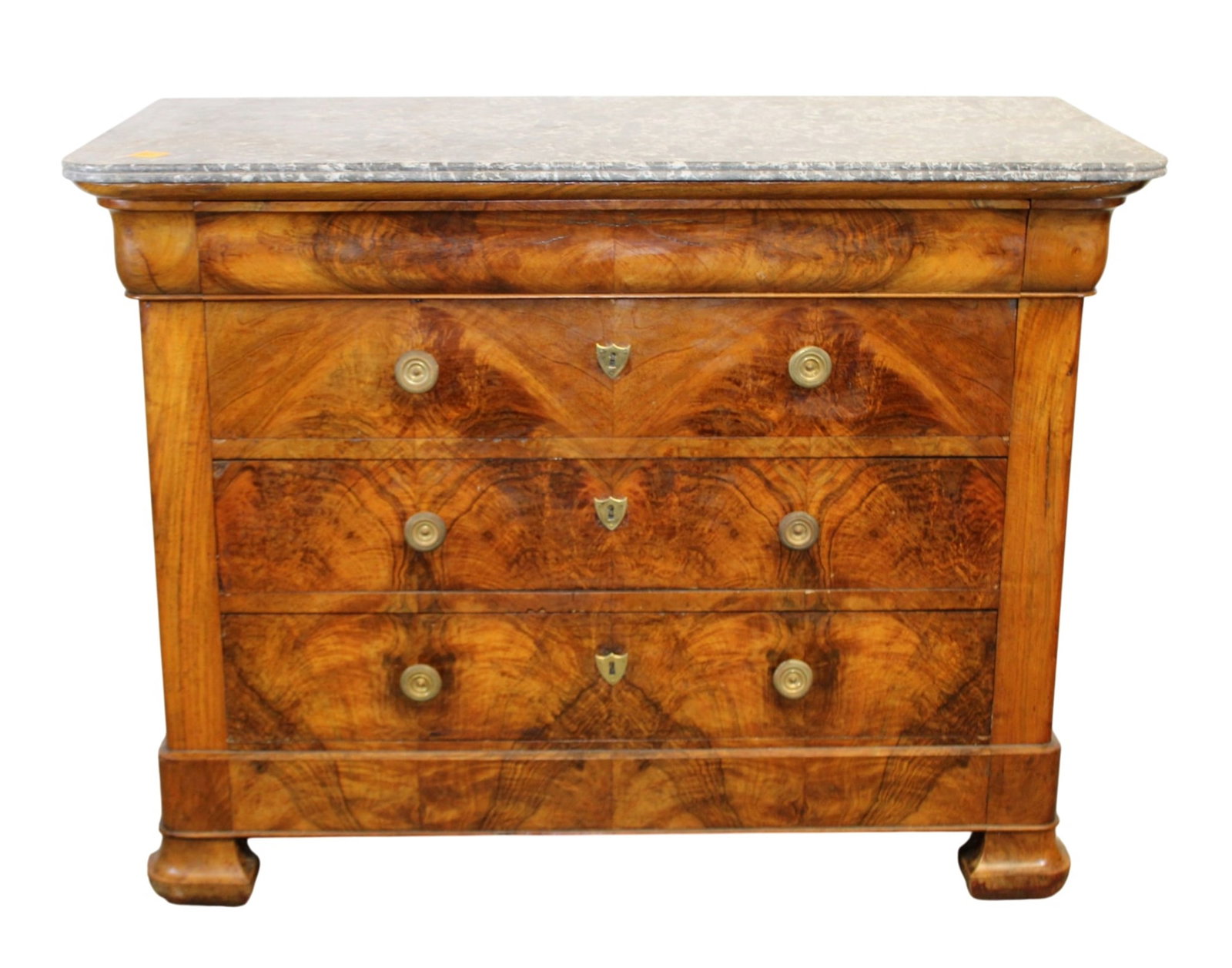 French Louis Phlippe marble top commode in walnut: French Louis Phlippe marble top commode in walnut. 19th century. 39"h x 51 1/2"w x 25 1/4"d