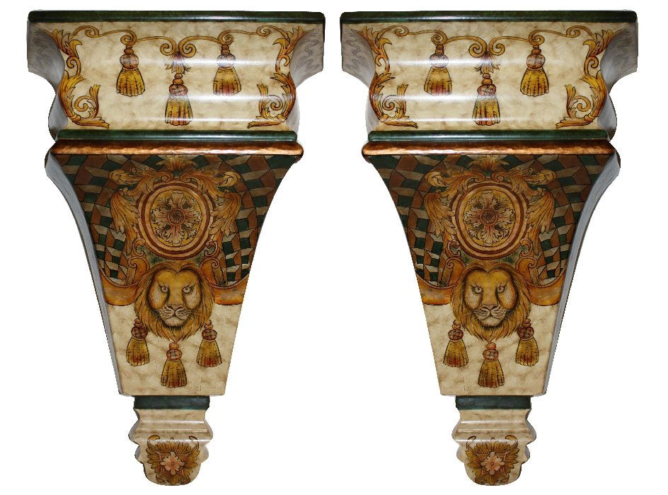 Pair of Hilda Flack wall brackets with lions: 18 3/8"h x 13 1/2"w