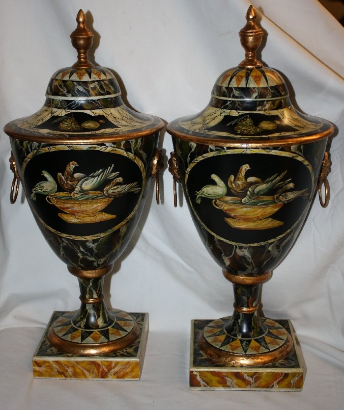 Pair of painted lidded urns with doves & lion rings: From Hilda Flack Palm Beach Showroom. 18"h x 8"w