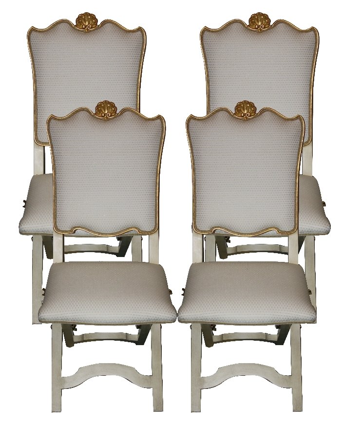 Set of 4 Hilda Flack painted folding side chairs: with custom upholstery and gilt accents. 41 1/2"h x19"w x 22"d