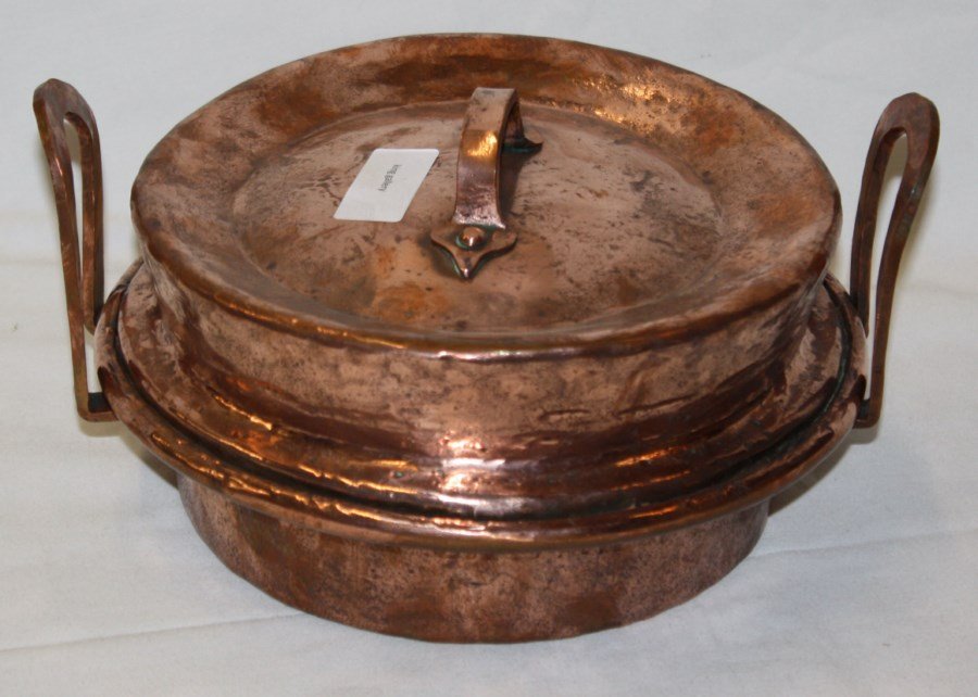 Antique French copper hand hammered tortier pan: 19th century. 5 1/2"h x 10 1/2"w x 9 1/2"d