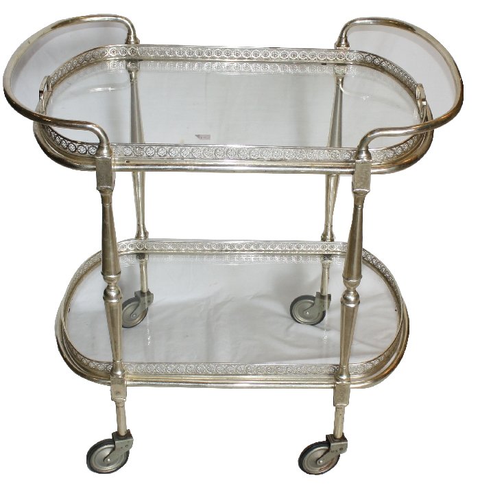 Italian Art Deco chrome and glass rolling bar cart: with lift out glass trays. 28"h x 29"l x 18"d
