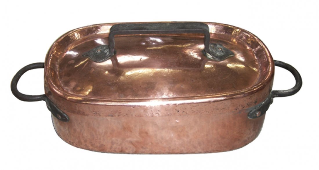 Antique French copper lidded tureen with iron handles: 19th century. 17 1/2"w x 8 1/2"d x 5 5/8"h