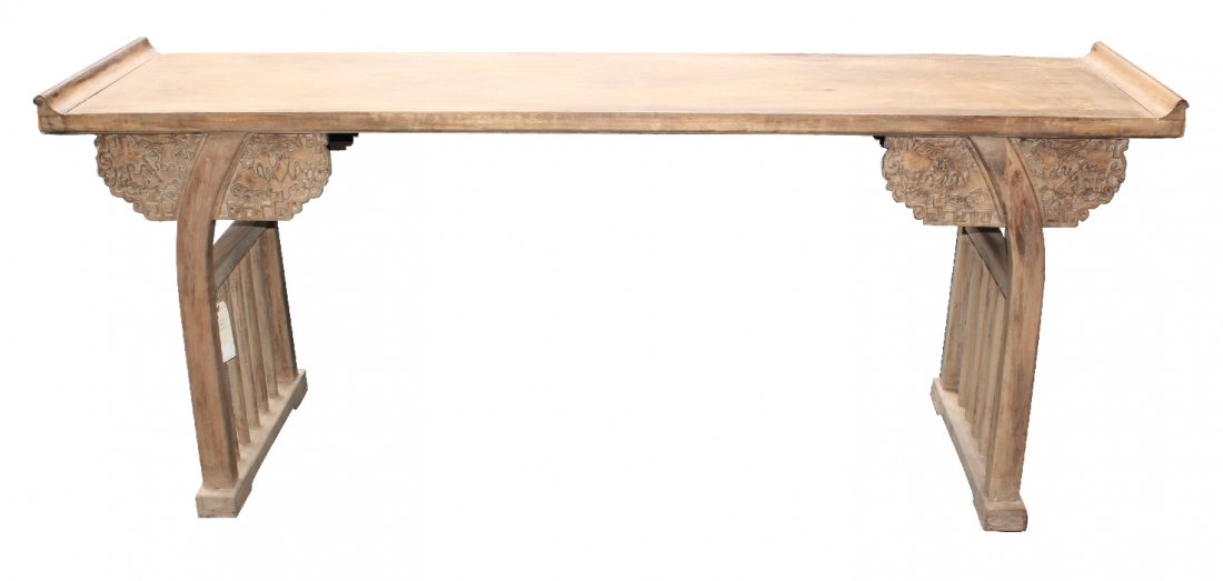 Chinese pale Huanghuali long altar table: with traditional Ruyi carvings. 82 3/4"l x 35 3/4"h x 19 3/4"d