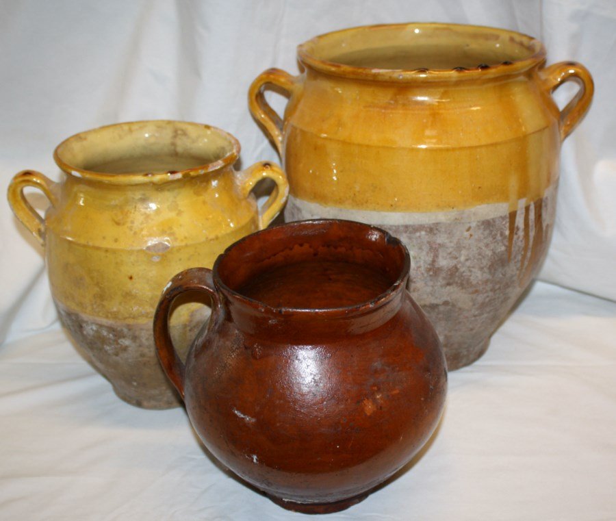 Lot of 3 French Provincial slip glazed terra cotta: 19th century. 12 1/2"h, 10"h, and 8 1/2"h