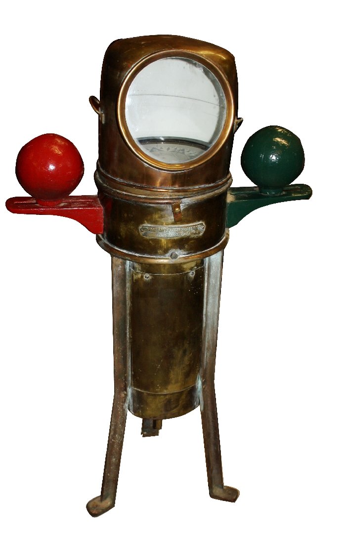 Frank Morrison & Son ships binnacle with Ritchie: Bros compass. Brass ships binnacle by Frank Morrison & Sons Cleveland with Ritchie Bros Boston compass serial number 58871. Reportedly from the Henry H. Rogers Great Lakes Ore carrier ship when de-com