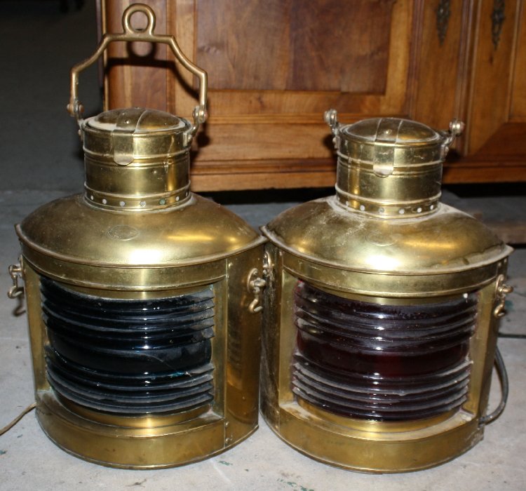 Set of Perkins brass port & starboard ship lights: Reportedly from the Henry H. Rogers Great Lakes Ore carrier ship when de-commissioned in the 1950's. 18 1/2"h