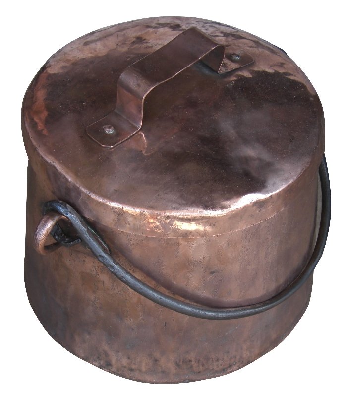 Antique French copper lidded pot with iron handle: 19th century. 8 1/2"h x 10"w