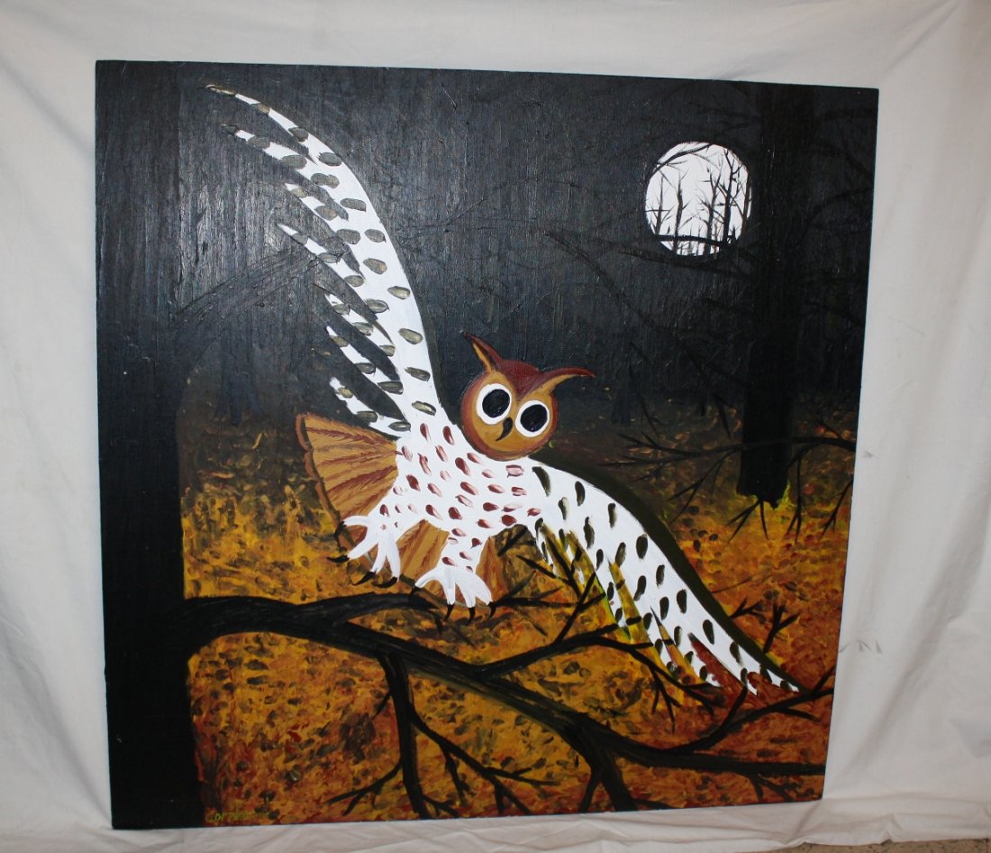 John "Cornbread" Anderson folk art painting of an owl: Painting on plywood signed l/l Cornbread. 48 1/8" square