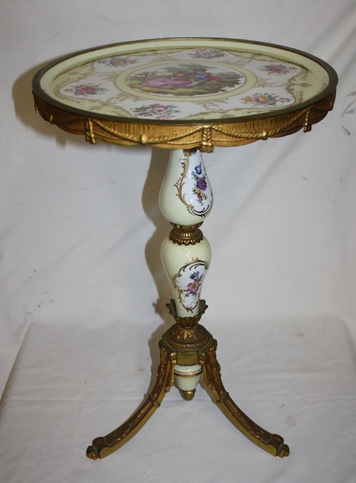 Sevres style porcelain & bronze gueridon tri-ped table: 22 3/4"h x 15"dia. 20th century.