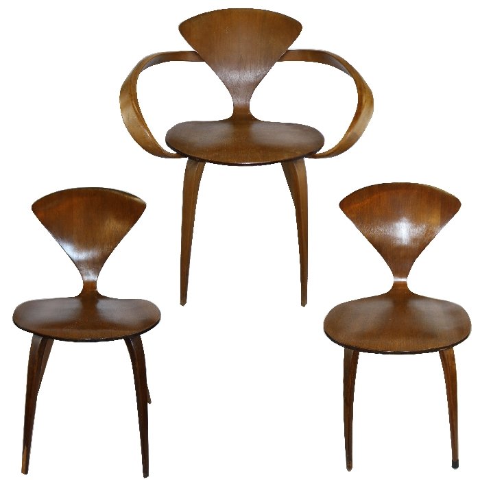 Lot of 3 Bernardo Plycraft pretzel chairs. 1 arm/2 side: armchair has paper label.