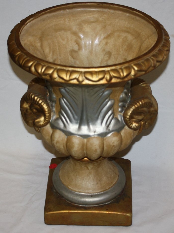 Hilda Flack gold and silver painted ram head urn: 16 /4"h x 13 1/2"dia