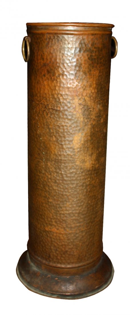 Hammered copper umbrella stand with ring handles: 25"h x 10"diam