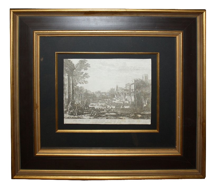 Claude Gellee (aka Claude Lorraine) etching: "Via Sacra Derro Campo Vacino di Roma" Framed 22"w x 20"h