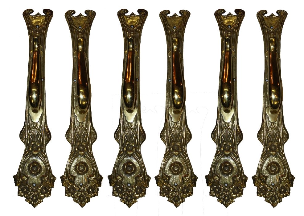 Set of 6 bronze Art Nouveau door pulls: 21"l x 4.5"w